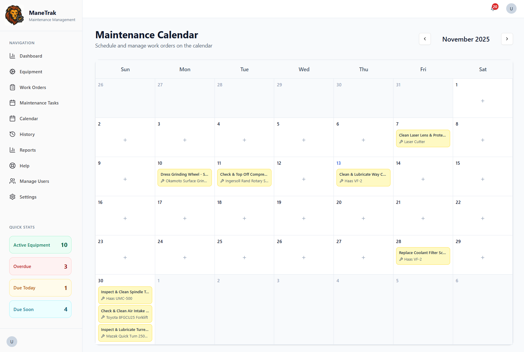Interactive maintenance calendar with monthly view, drag-and-drop scheduling, equipment-specific timelines, and preventive maintenance automation